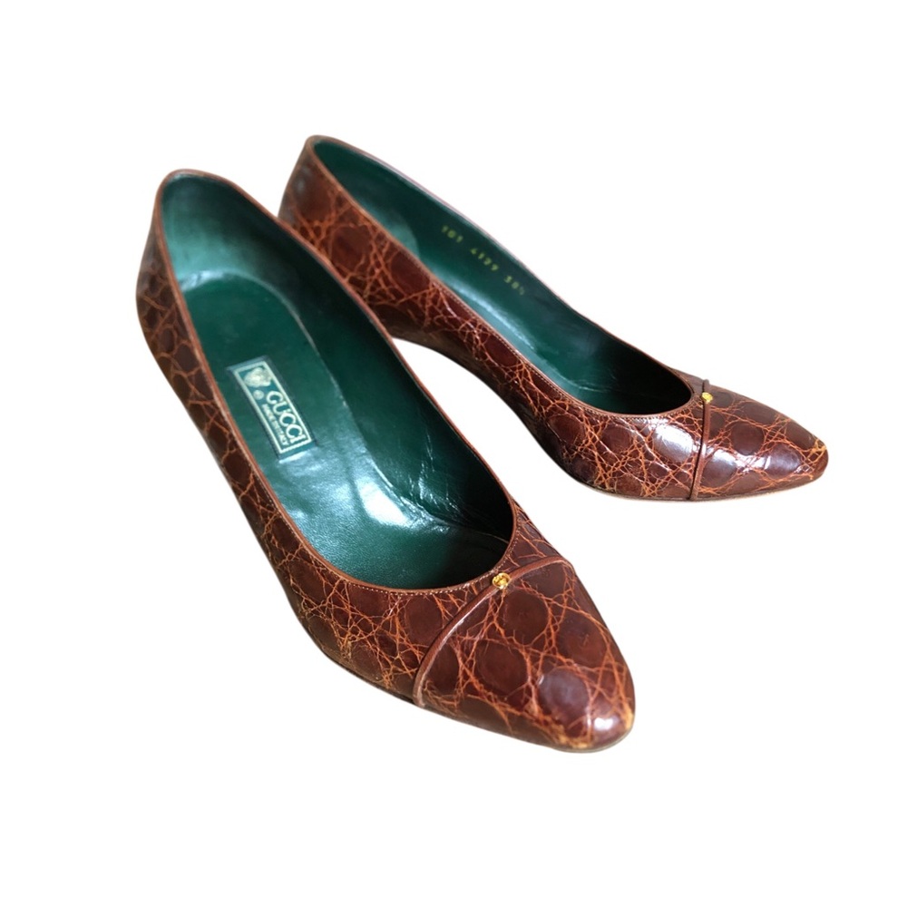 VTG 1980s GUCCI Brown Croc-Embossed Leather  Almond Toe Heels Women’s 8.5